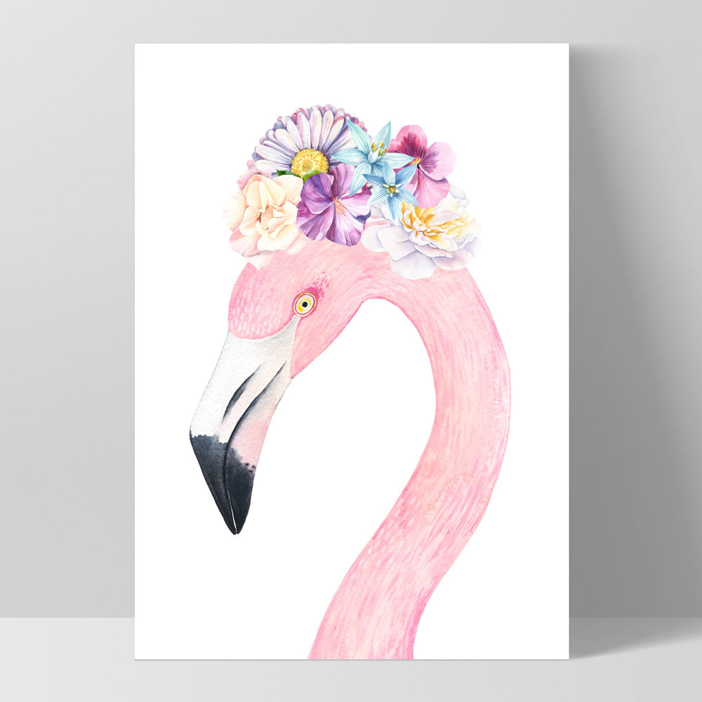 Flamingo in Floral Crown, Watercolours - Art Print, Poster, Stretched Canvas, or Framed Wall Art Print, shown as a stretched canvas or poster without a frame