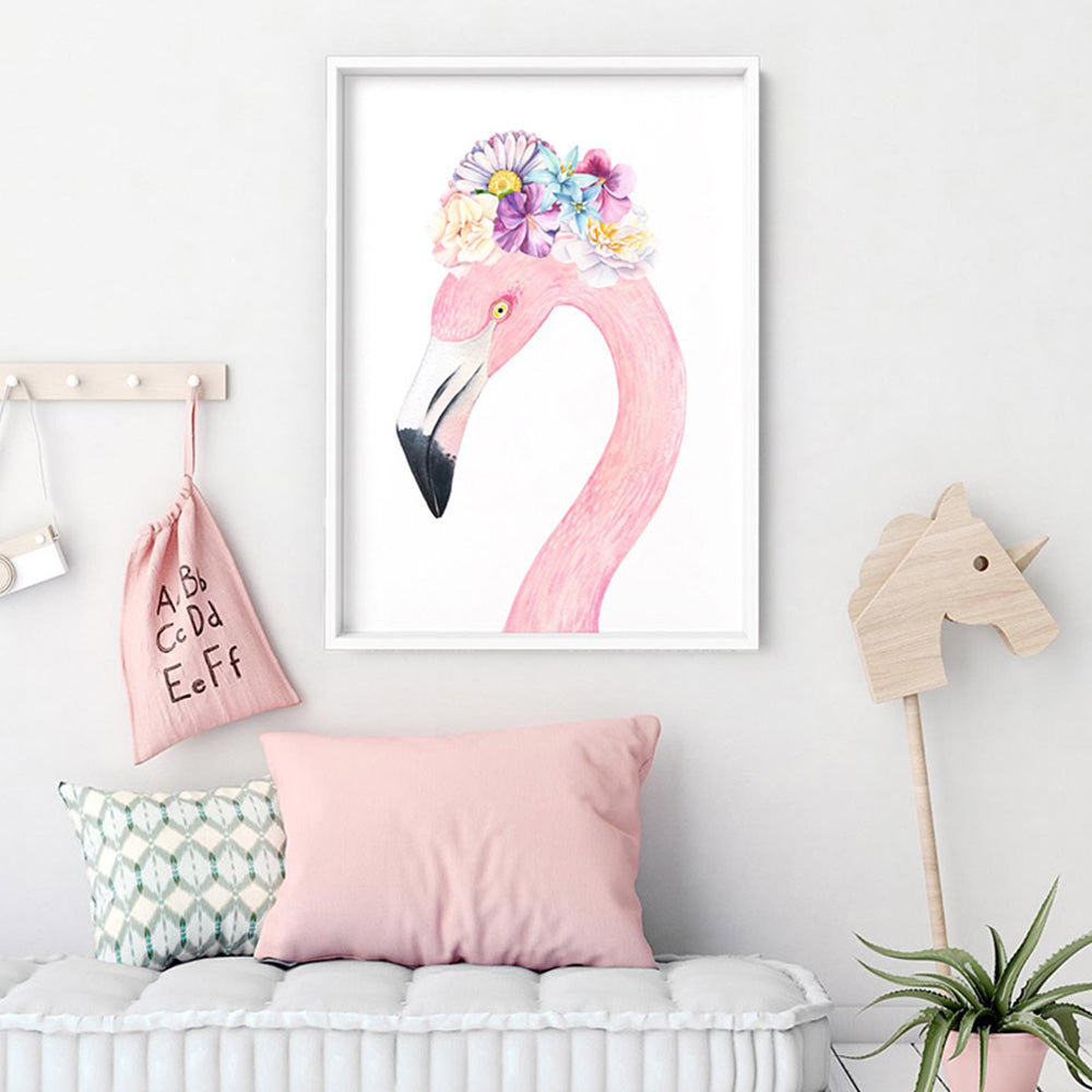 Flamingo in Floral Crown, Watercolours - Art Print, Poster, Stretched Canvas or Framed Wall Art, shown framed in a room