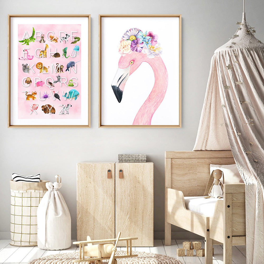 Flamingo in Floral Crown, Watercolours - Art Print, Poster, Stretched Canvas or Framed Wall Art, shown framed in a home interior space