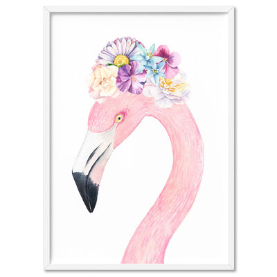 Flamingo in Floral Crown, Watercolours - Art Print, Poster, Stretched Canvas, or Framed Wall Art Print, shown in a white frame