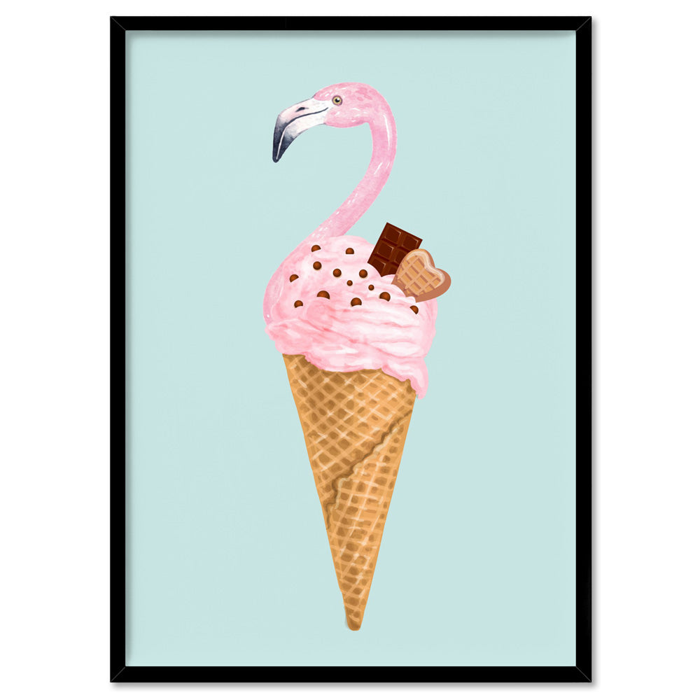 Flamingo Ice Cream Cone - Art Print, Poster, Stretched Canvas, or Framed Wall Art Print, shown in a black frame