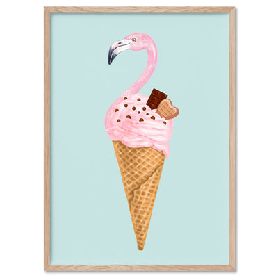 Flamingo Ice Cream Cone - Art Print, Poster, Stretched Canvas, or Framed Wall Art Print, shown in a natural timber frame