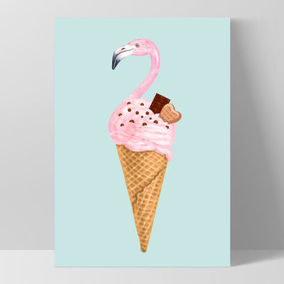 Flamingo Ice Cream Cone - Art Print, Poster, Stretched Canvas, or Framed Wall Art Print, shown as a stretched canvas or poster without a frame