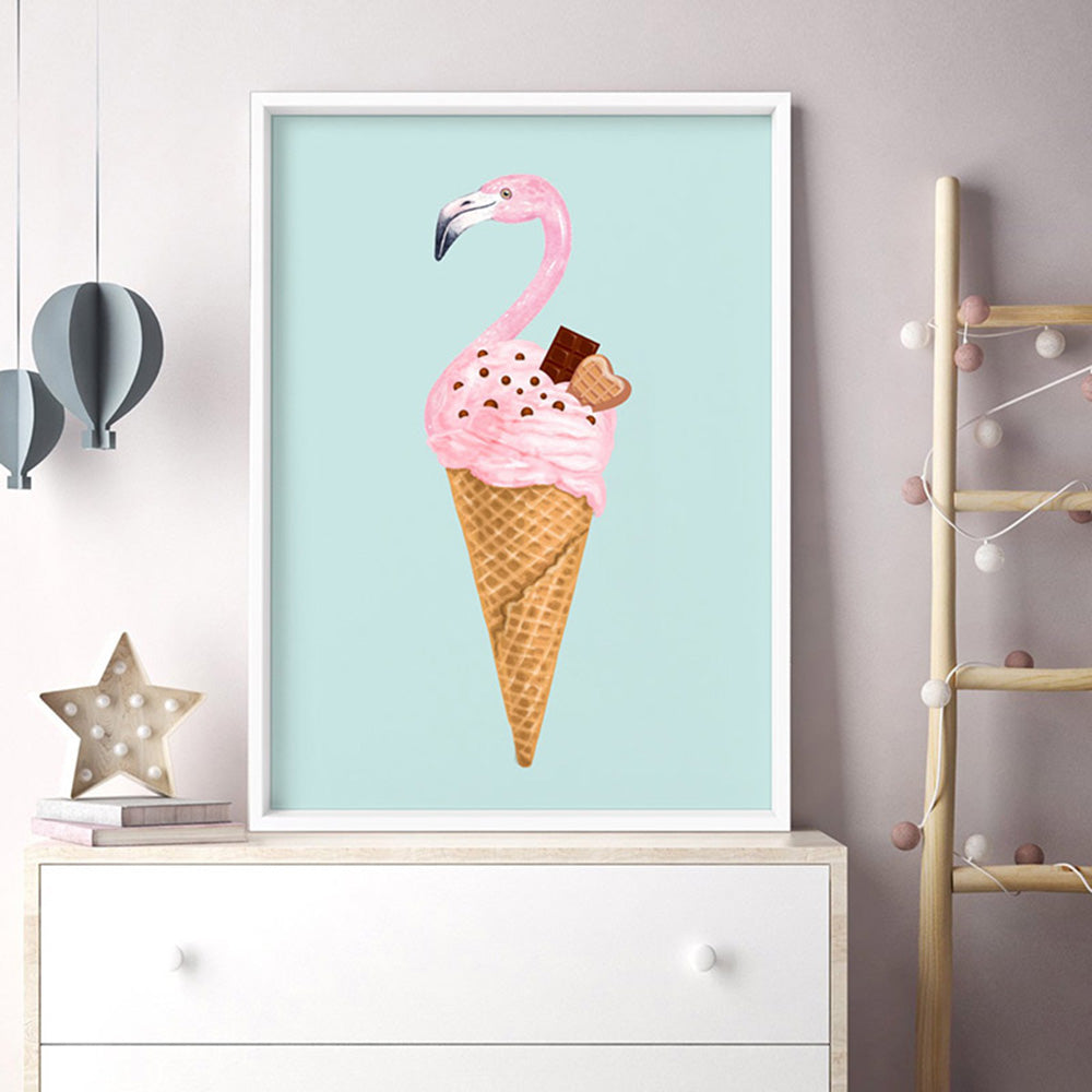 Flamingo Ice Cream Cone - Art Print, Poster, Stretched Canvas or Framed Wall Art, shown framed in a room