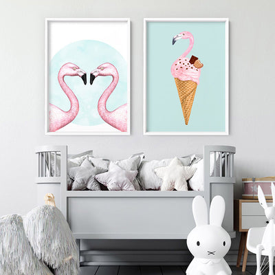 Flamingo Ice Cream Cone - Art Print, Poster, Stretched Canvas or Framed Wall Art, shown framed in a home interior space