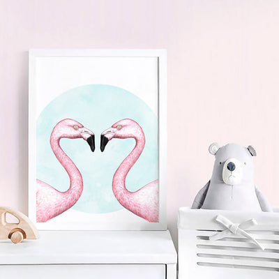 Flamingo Love - Art Print, Poster, Stretched Canvas or Framed Wall Art, shown framed in a room
