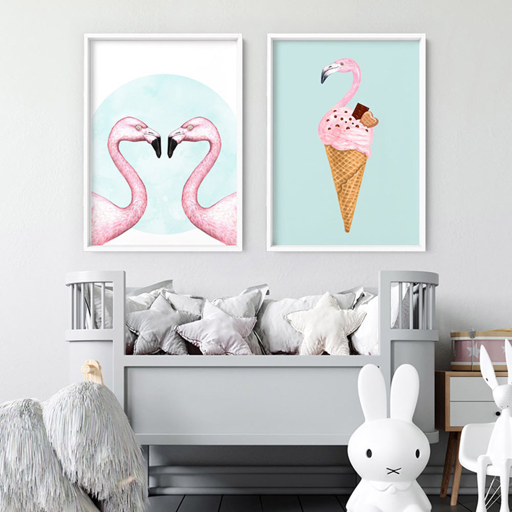Flamingo Love - Art Print, Poster, Stretched Canvas or Framed Wall Art, shown framed in a home interior space