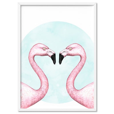 Flamingo Love - Art Print, Poster, Stretched Canvas, or Framed Wall Art Print, shown in a white frame
