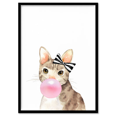 Bubblegum Kitty Cat Stripe Bow | Pink Bubble - Art Print, Poster, Stretched Canvas, or Framed Wall Art Print, shown in a black frame