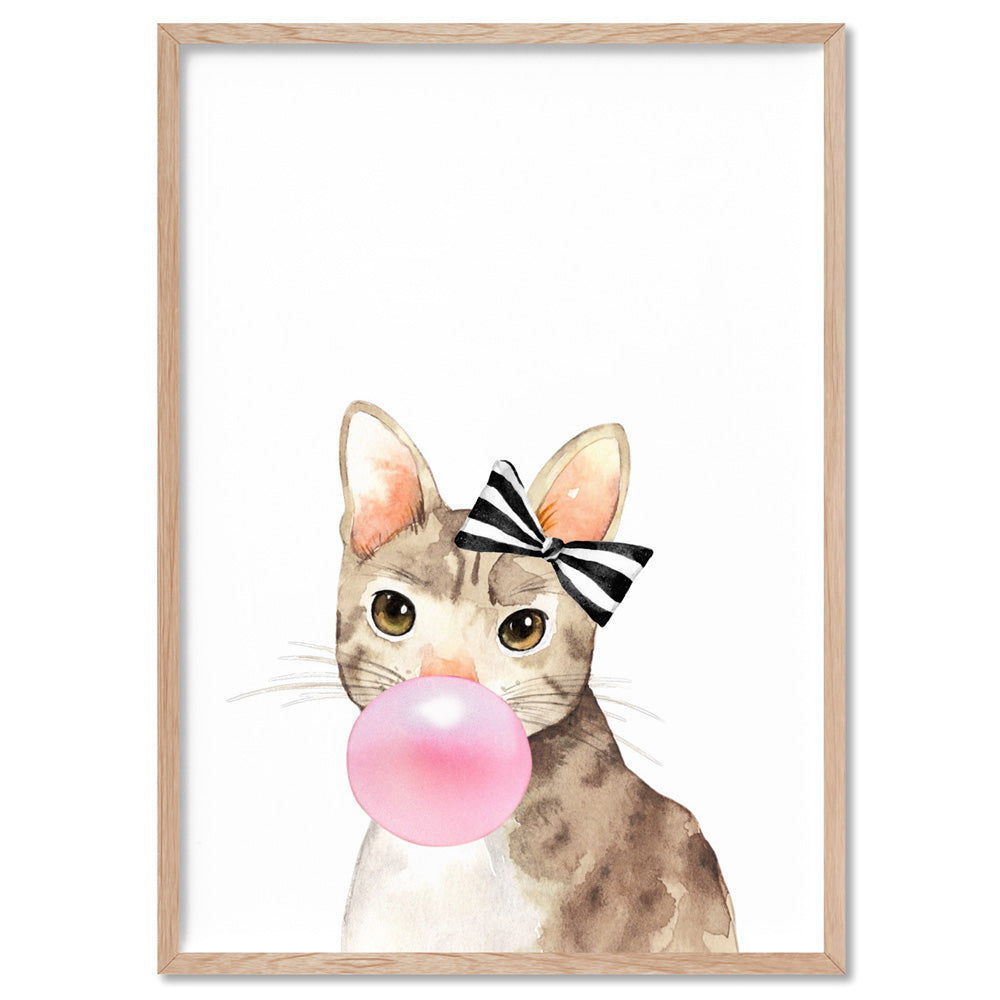 Bubblegum Kitty Cat Stripe Bow | Pink Bubble - Art Print, Poster, Stretched Canvas, or Framed Wall Art Print, shown in a natural timber frame