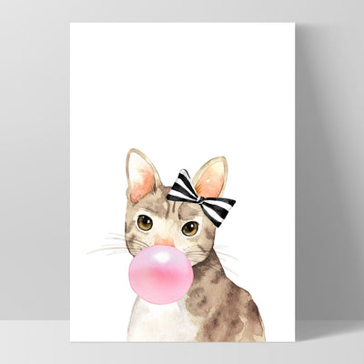 Bubblegum Kitty Cat Stripe Bow | Pink Bubble - Art Print, Poster, Stretched Canvas, or Framed Wall Art Print, shown as a stretched canvas or poster without a frame