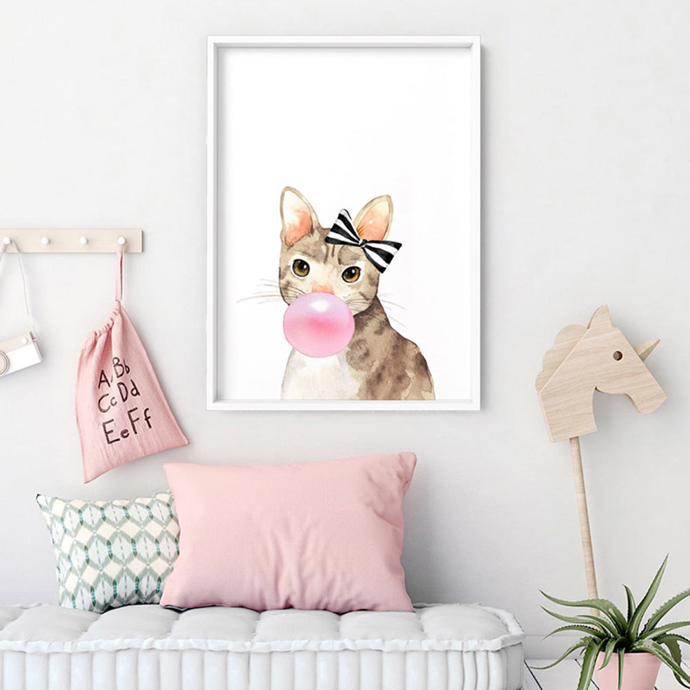 Bubblegum Kitty Cat Stripe Bow | Pink Bubble - Art Print, Poster, Stretched Canvas or Framed Wall Art, shown framed in a room