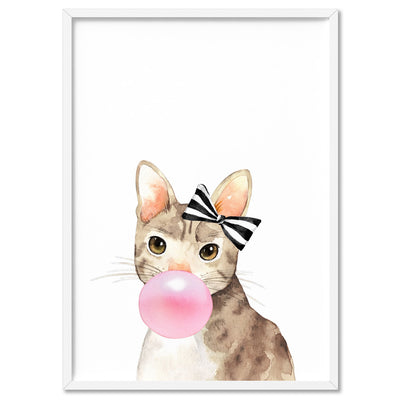 Bubblegum Kitty Cat Stripe Bow | Pink Bubble - Art Print, Poster, Stretched Canvas, or Framed Wall Art Print, shown in a white frame