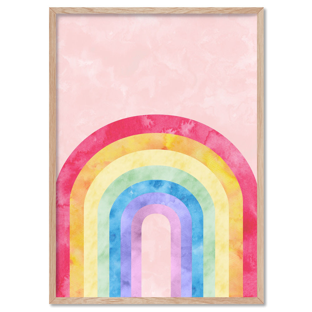 Watercolour Rainbow Blush - Art Print, Poster, Stretched Canvas, or Framed Wall Art Print, shown in a natural timber frame