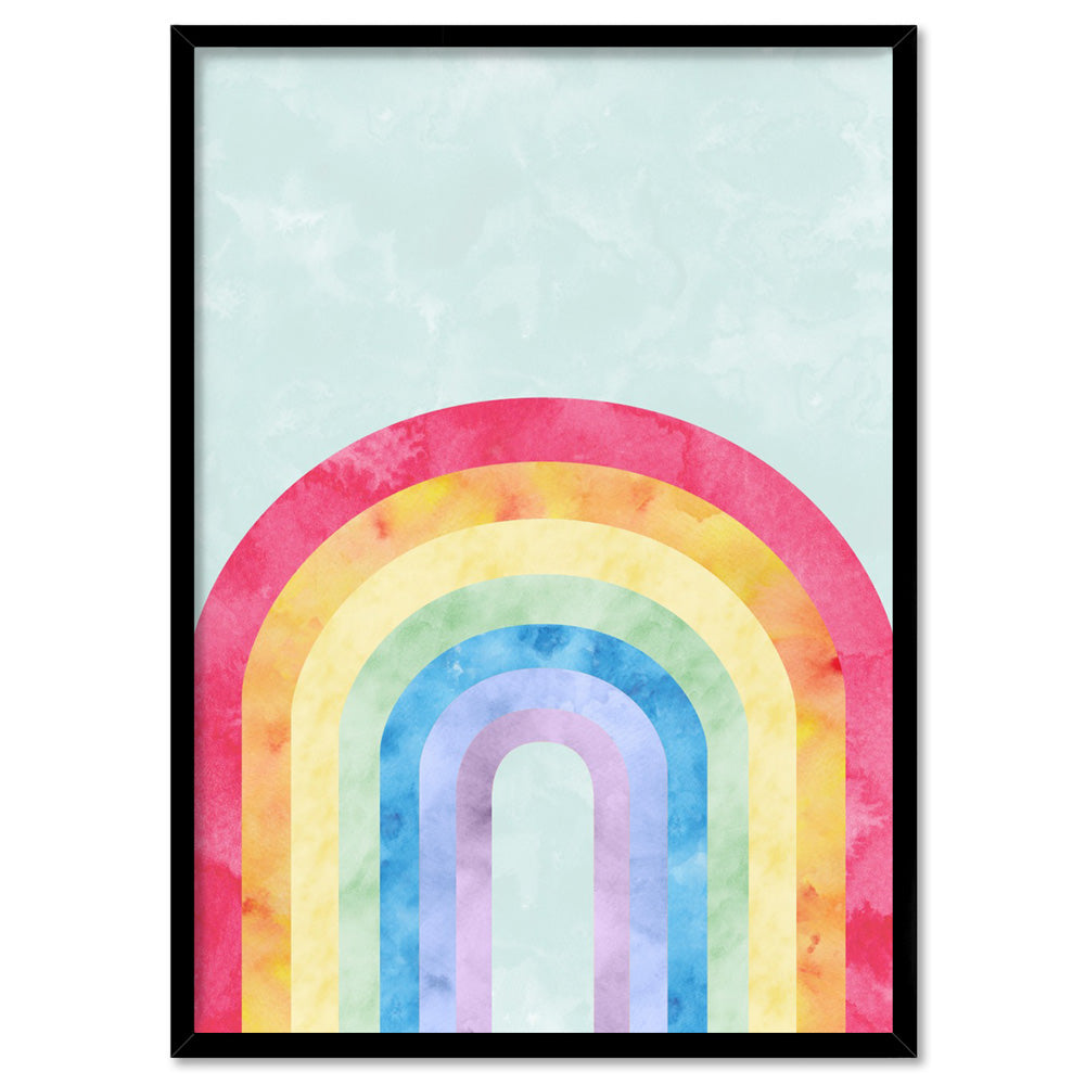 Watercolour Rainbow Teal - Art Print, Poster, Stretched Canvas, or Framed Wall Art Print, shown in a black frame