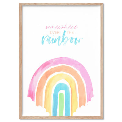 Pastel Rainbow Quote | Somewhere Over the Rainbow - Art Print, Poster, Stretched Canvas, or Framed Wall Art Print, shown in a natural timber frame