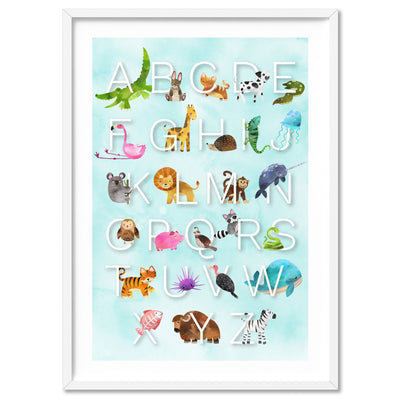 Animal Alphabet in Watercolours | Teal - Art Print, Poster, Stretched Canvas, or Framed Wall Art Print, shown in a white frame