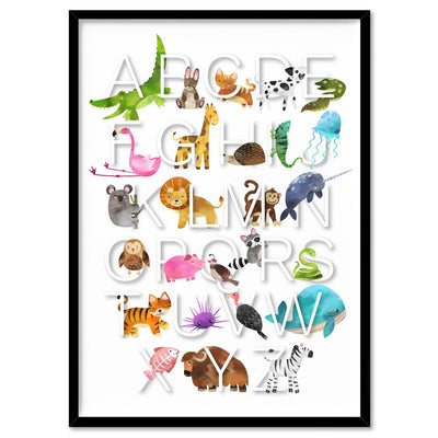 Animal Alphabet in Watercolours | White - Art Print, Poster, Stretched Canvas, or Framed Wall Art Print, shown in a black frame