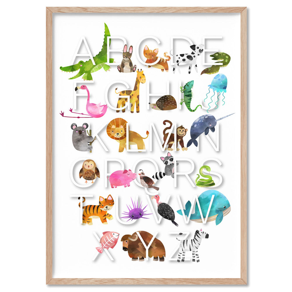 Animal Alphabet in Watercolours | White - Art Print, Poster, Stretched Canvas, or Framed Wall Art Print, shown in a natural timber frame