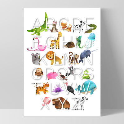 Animal Alphabet in Watercolours | White - Art Print, Poster, Stretched Canvas, or Framed Wall Art Print, shown as a stretched canvas or poster without a frame