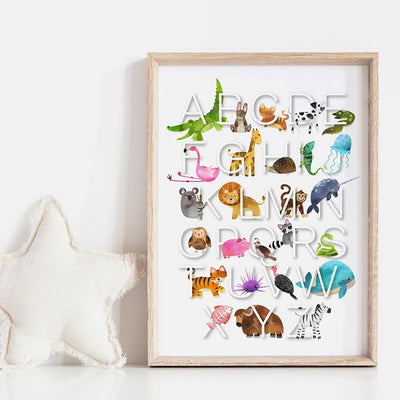 Animal Alphabet in Watercolours | White - Art Print, Poster, Stretched Canvas or Framed Wall Art, shown framed in a room