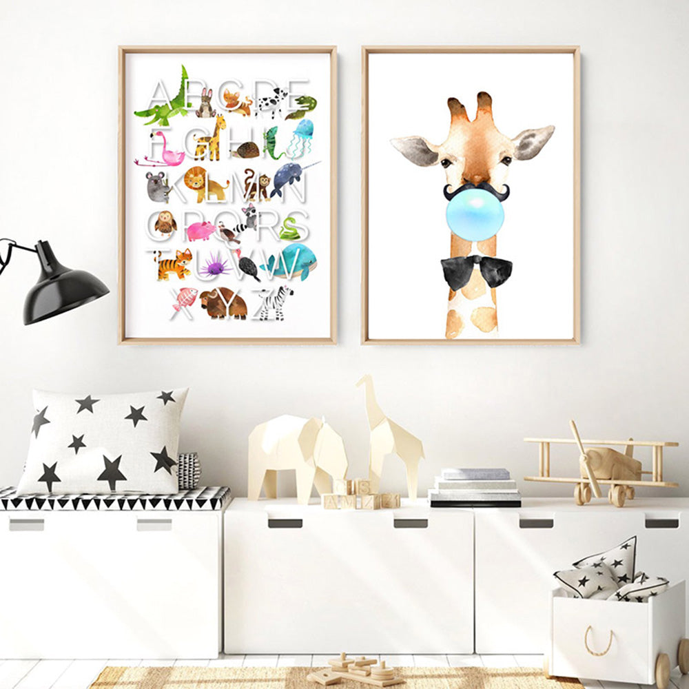 Animal Alphabet in Watercolours | White - Art Print, Poster, Stretched Canvas or Framed Wall Art, shown framed in a home interior space