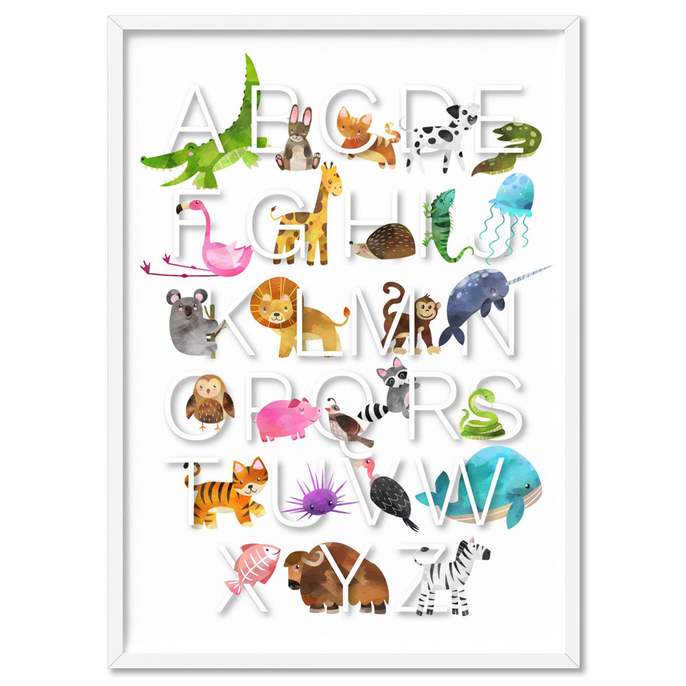 Animal Alphabet in Watercolours | White - Art Print, Poster, Stretched Canvas, or Framed Wall Art Print, shown in a white frame