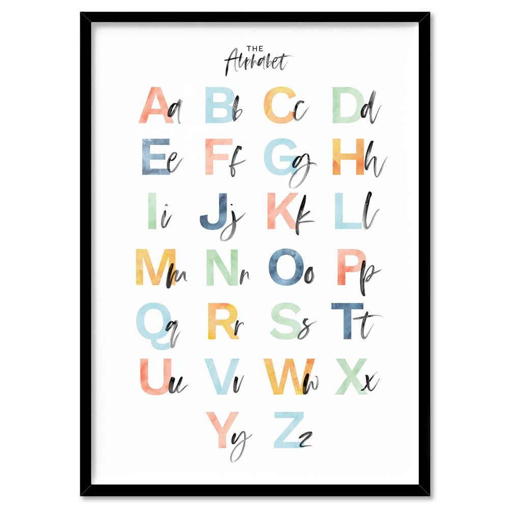 The Alphabet | Kids Upper & Lowercase Characters - Art Print, Poster, Stretched Canvas, or Framed Wall Art Print, shown in a black frame
