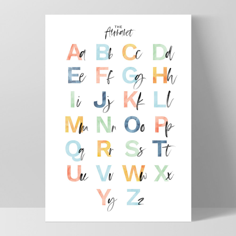 The Alphabet | Kids Upper & Lowercase Characters - Art Print, Poster, Stretched Canvas, or Framed Wall Art Print, shown as a stretched canvas or poster without a frame