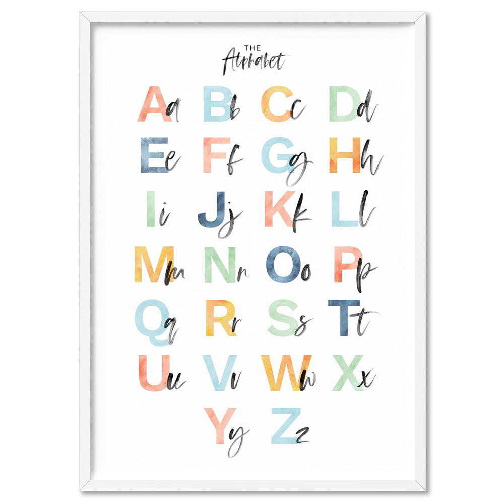 The Alphabet | Kids Upper & Lowercase Characters - Art Print, Poster, Stretched Canvas, or Framed Wall Art Print, shown in a white frame