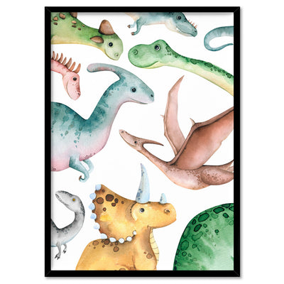 Dinosaur Peek a Boo in Watercolour - Art Print, Poster, Stretched Canvas, or Framed Wall Art Print, shown in a black frame