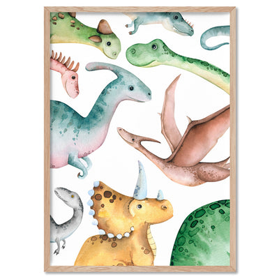Dinosaur Peek a Boo in Watercolour - Art Print, Poster, Stretched Canvas, or Framed Wall Art Print, shown in a natural timber frame
