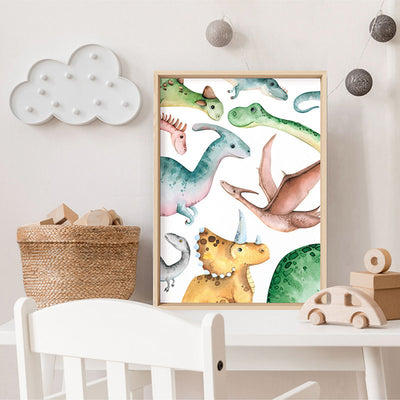 Dinosaur Peek a Boo in Watercolour - Art Print, Poster, Stretched Canvas or Framed Wall Art, shown framed in a room