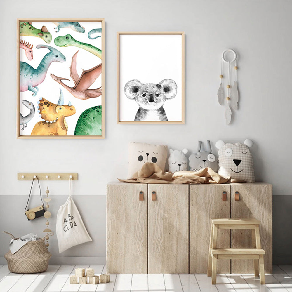 Dinosaur Peek a Boo in Watercolour - Art Print, Poster, Stretched Canvas or Framed Wall Art, shown framed in a home interior space