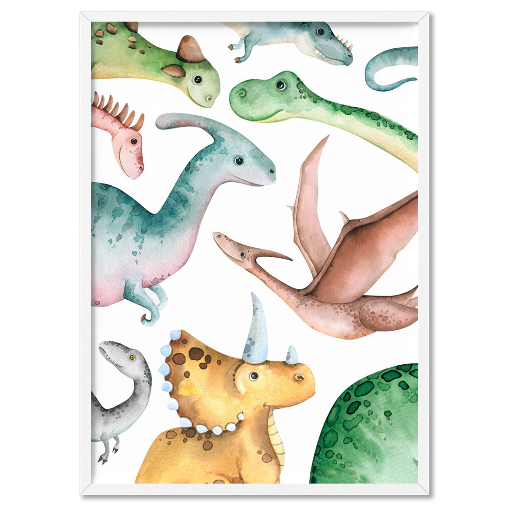 Dinosaur Peek a Boo in Watercolour - Art Print, Poster, Stretched Canvas, or Framed Wall Art Print, shown in a white frame
