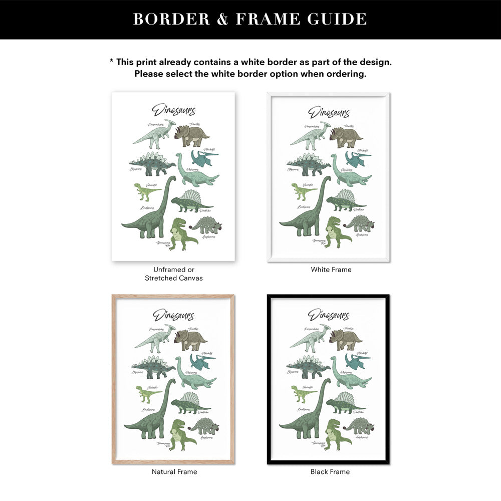 Dinosaur Chart | Green Tones - Art Print, Poster, Stretched Canvas or Framed Wall Art, Showing White , Black, Natural Frame Colours, No Frame (Unframed) or Stretched Canvas, and With or Without White Borders