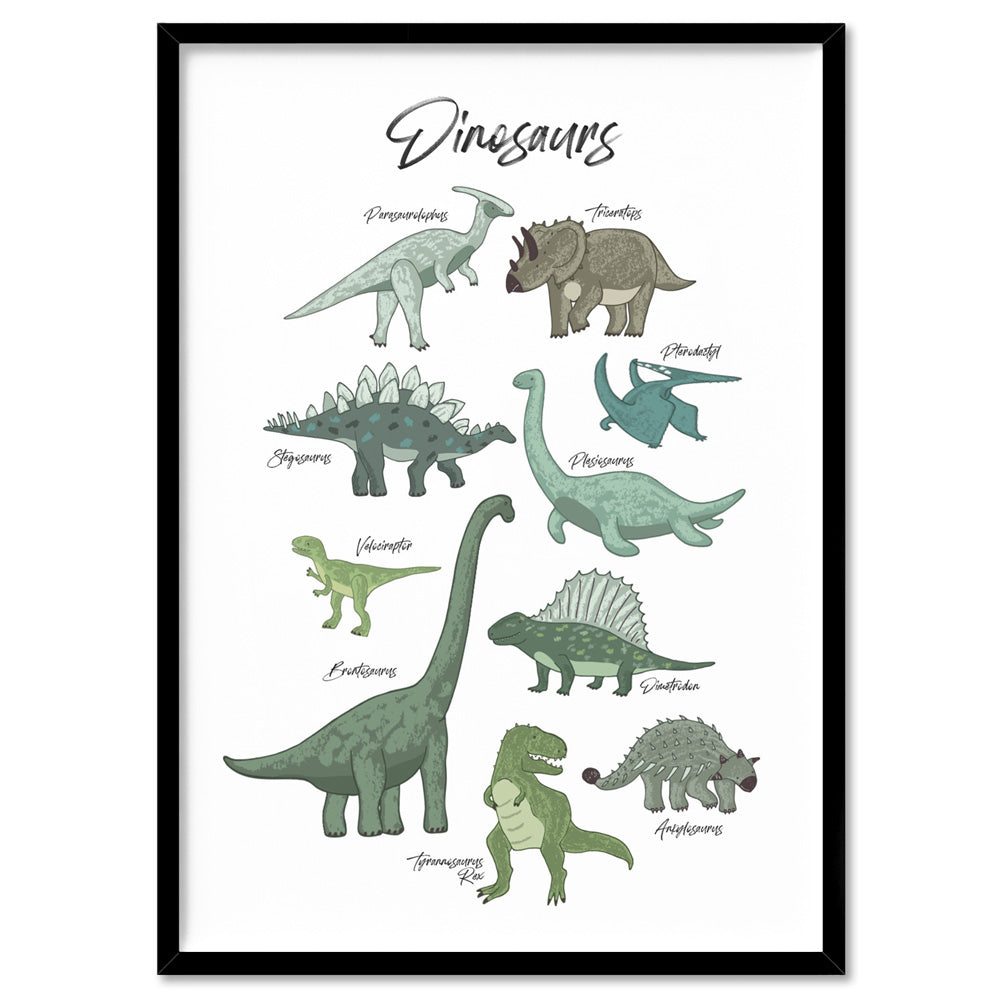 Dinosaur Chart | Green Tones - Art Print, Poster, Stretched Canvas, or Framed Wall Art Print, shown in a black frame
