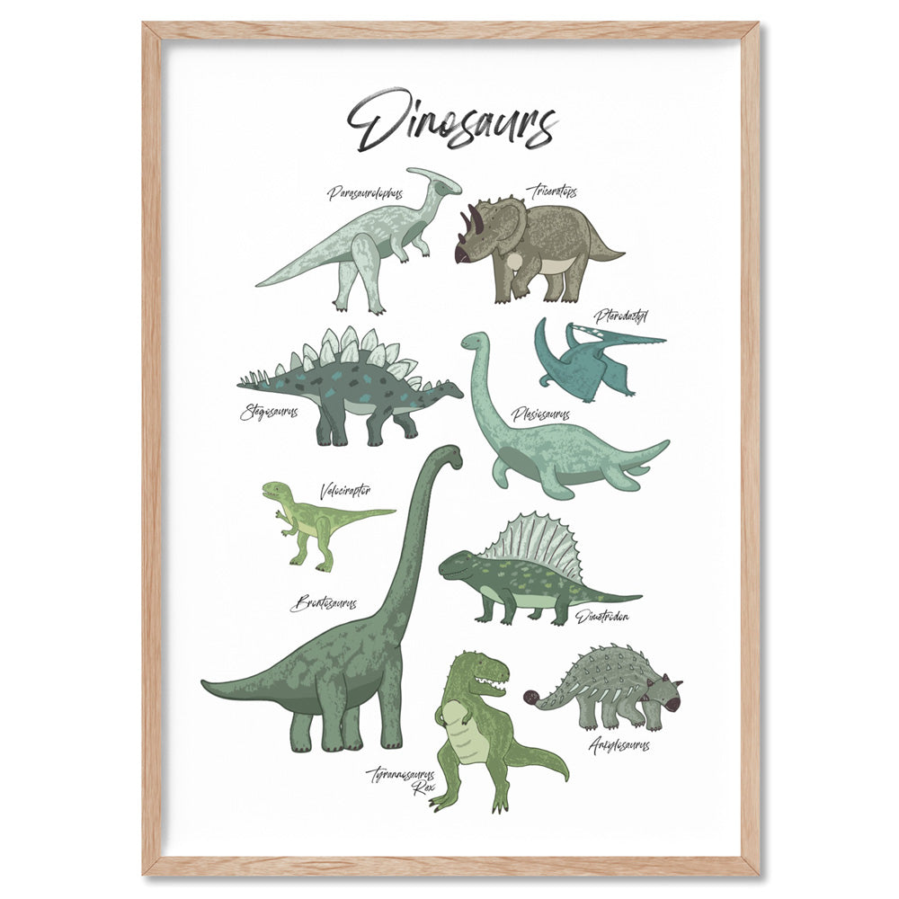 Dinosaur Chart | Green Tones - Art Print, Poster, Stretched Canvas, or Framed Wall Art Print, shown in a natural timber frame