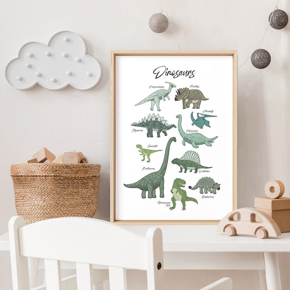 Dinosaur Chart | Green Tones - Art Print, Poster, Stretched Canvas or Framed Wall Art Prints, shown framed in a room