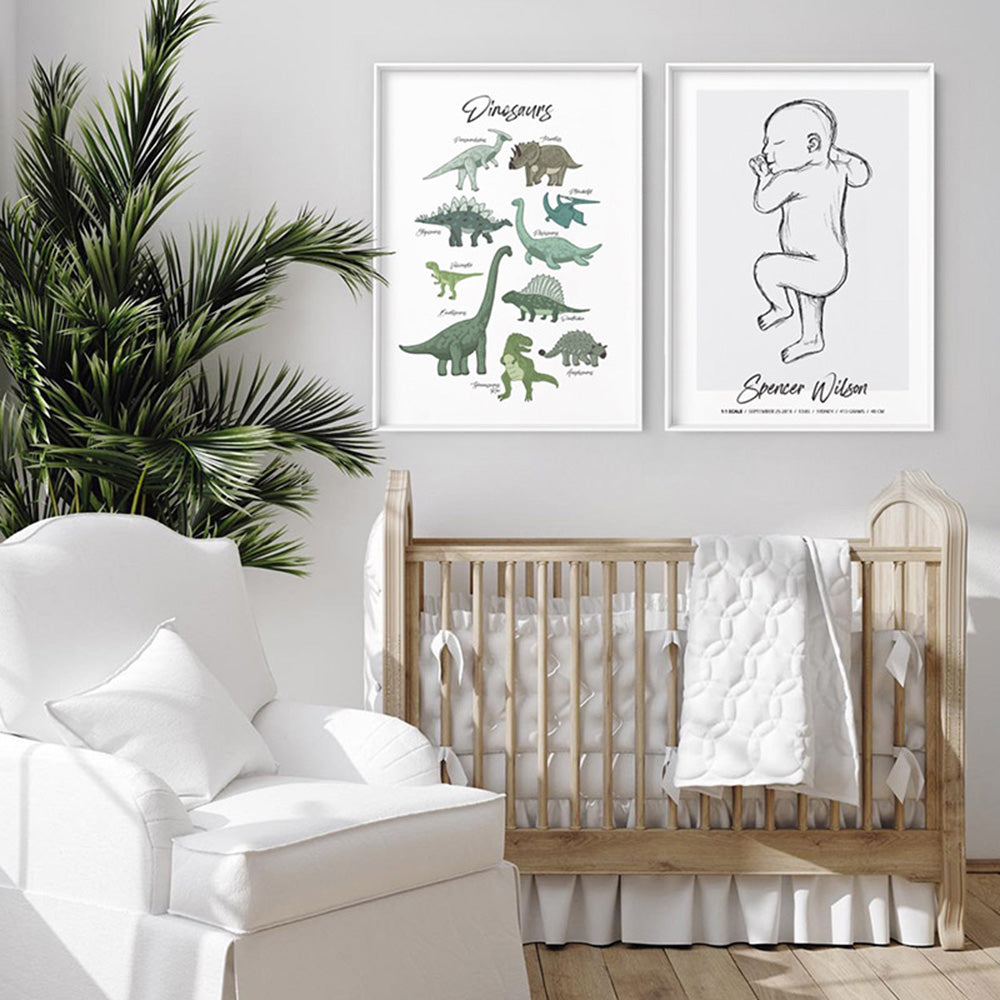 Dinosaur Chart | Green Tones - Art Print, Poster, Stretched Canvas or Framed Wall Art, shown framed in a home interior space