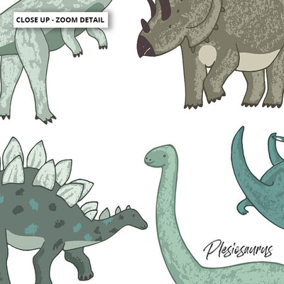 Dinosaur Chart | Green Tones - Art Print, Poster, Stretched Canvas or Framed Wall Art, Close up View of Print Resolution