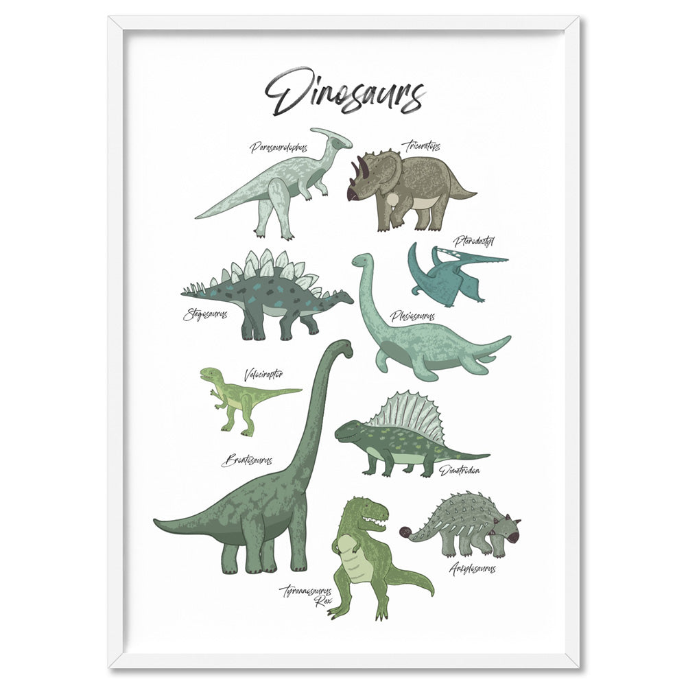 Dinosaur Chart | Green Tones - Art Print, Poster, Stretched Canvas, or Framed Wall Art Print, shown in a white frame