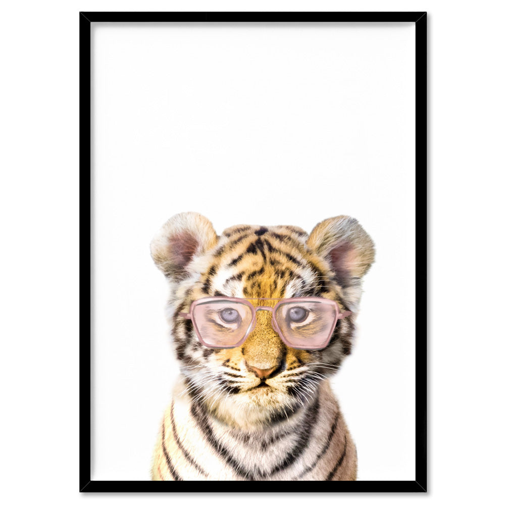 Baby Tiger Cub with Sunnies- Art Print, Poster, Stretched Canvas, or Framed Wall Art Print, shown in a black frame