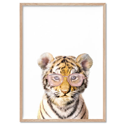 Baby Tiger Cub with Sunnies- Art Print, Poster, Stretched Canvas, or Framed Wall Art Print, shown in a natural timber frame