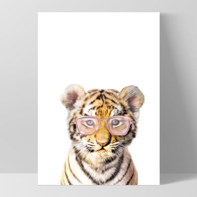 Baby Tiger Cub with Sunnies- Art Print, Poster, Stretched Canvas, or Framed Wall Art Print, shown as a stretched canvas or poster without a frame
