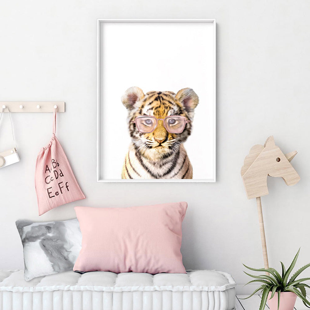 Baby Tiger Cub with Sunnies- Art Print, Poster, Stretched Canvas or Framed Wall Art, shown framed in a room