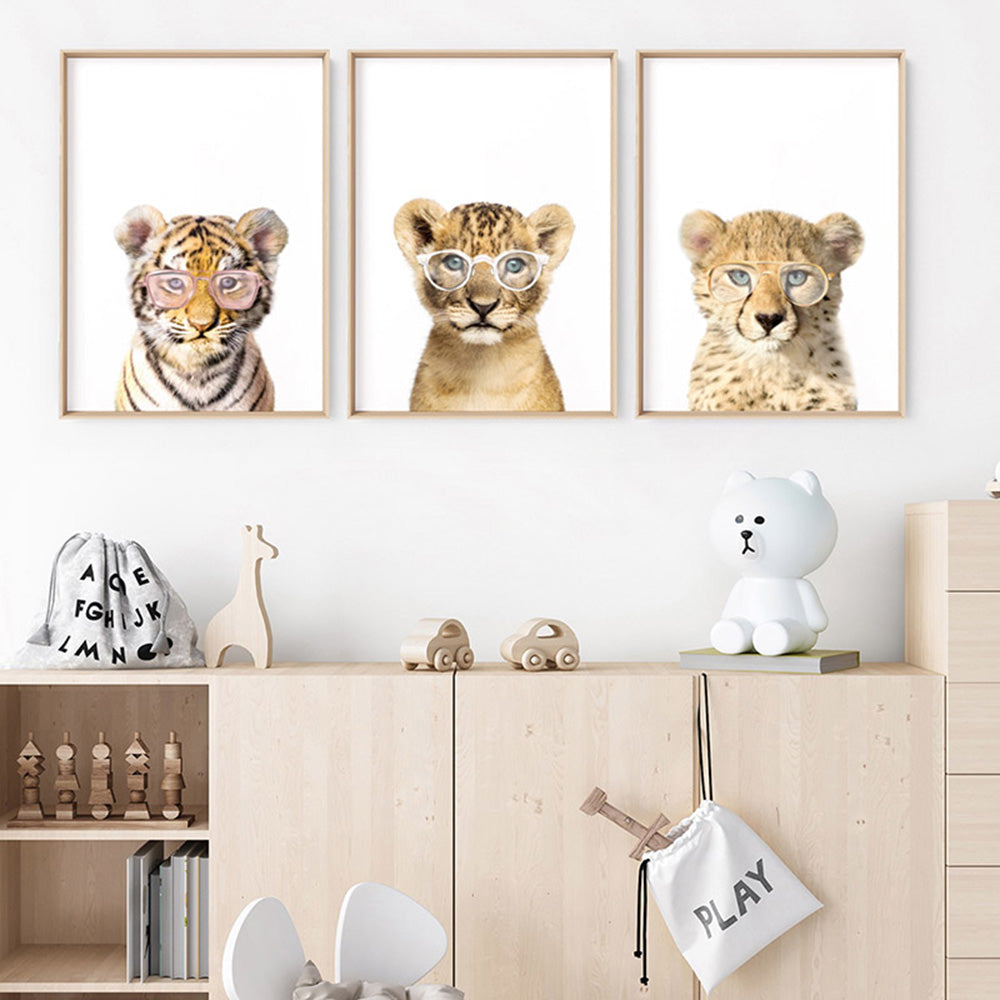 Baby Tiger Cub with Sunnies- Art Print, Poster, Stretched Canvas or Framed Wall Art, shown framed in a home interior space