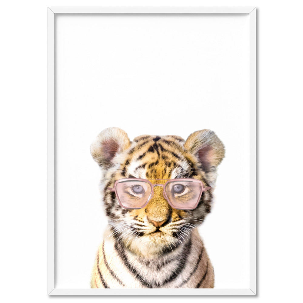 Baby Tiger Cub with Sunnies- Art Print, Poster, Stretched Canvas, or Framed Wall Art Print, shown in a white frame