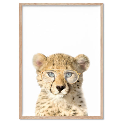 Baby Cheetah Cub with Sunnies - Art Print, Poster, Stretched Canvas, or Framed Wall Art Print, shown in a natural timber frame