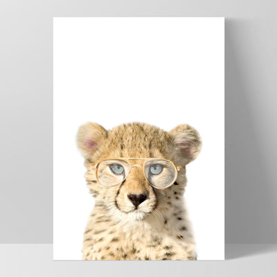 Baby Cheetah Cub with Sunnies - Art Print, Poster, Stretched Canvas, or Framed Wall Art Print, shown as a stretched canvas or poster without a frame